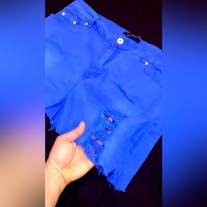 Ashley Stewart Perrywinkle destroyed denim cut off shorts